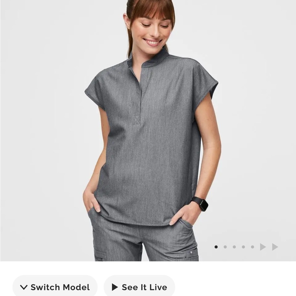 Figs Gray Boxy Blouse with Cap Sleeves and Mandarin Collar